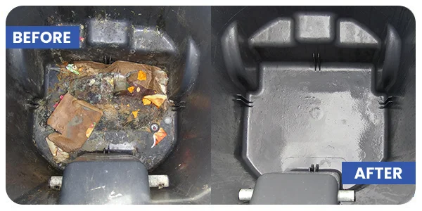 Trash bin interior before and after cleaning, labeled
